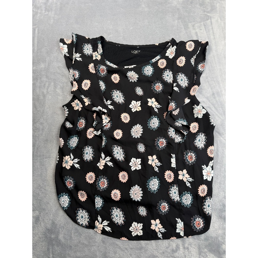 LOFT Outlet Blouse Top Womens XL Black Floral Asymmetrical Flutter Sleeve Flowy